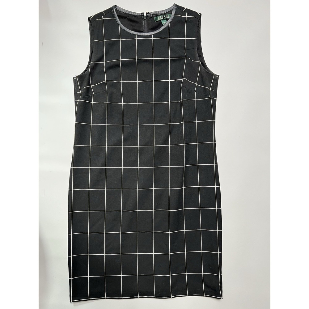 Lauren Ralph Lauren Women's Size 4 Black White Windowpane Dress Leather Trim